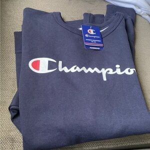 Champion Logo Graphic Pullover Crew Neck Sweatshirt Men's Sz 2XL Navy Athleisure